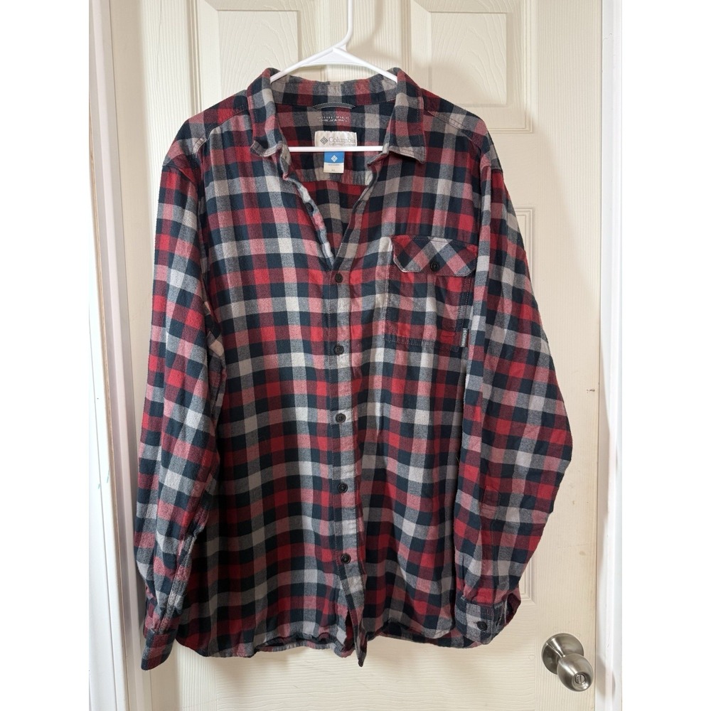 Columbia Womens XL Plaid Flannel Shirt Red Blue Button Omni Wick Outdoor Hiking